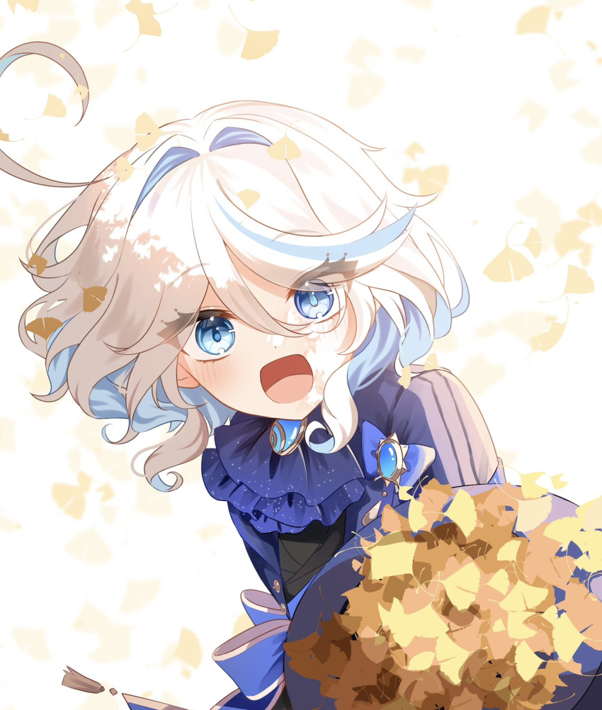 1girl, ahoge, ascot, blue_ascot, blue_eyes, blue_gemstone, blue_hair, blue_jacket