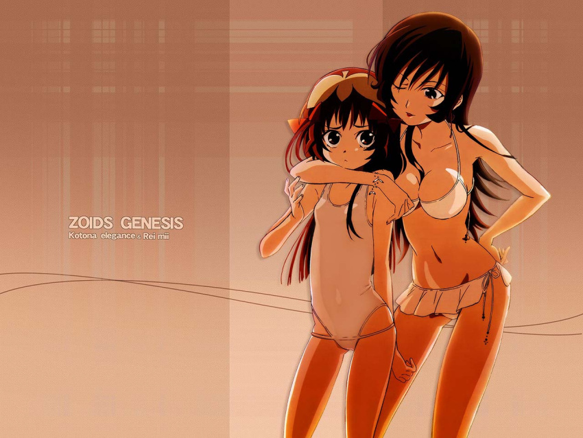 2girls, ;d, age_difference, bangs, bikini, bikini_skirt, blue_hair, bracelet, breasts, brown_hair, cleavage, hair_ornament, hair_ribbon, hand_on_hip, hug, hug_from_behind, jewelry, kotona_elegance, large_breasts, lipstick, long_hair, multiple_girls, navel, official_art, one-piece_swimsuit, open_mouth, pinky_out, re_mii, red_lipstick, rei_mii, ribbon, sakai_kyuuta, school_swimsuit, side-tie_bikini, smile, standing, swimsuit, wallpaper, water, white_bikini, white_school_swimsuit, white_swimsuit, wink, zoids, zoids_genesis