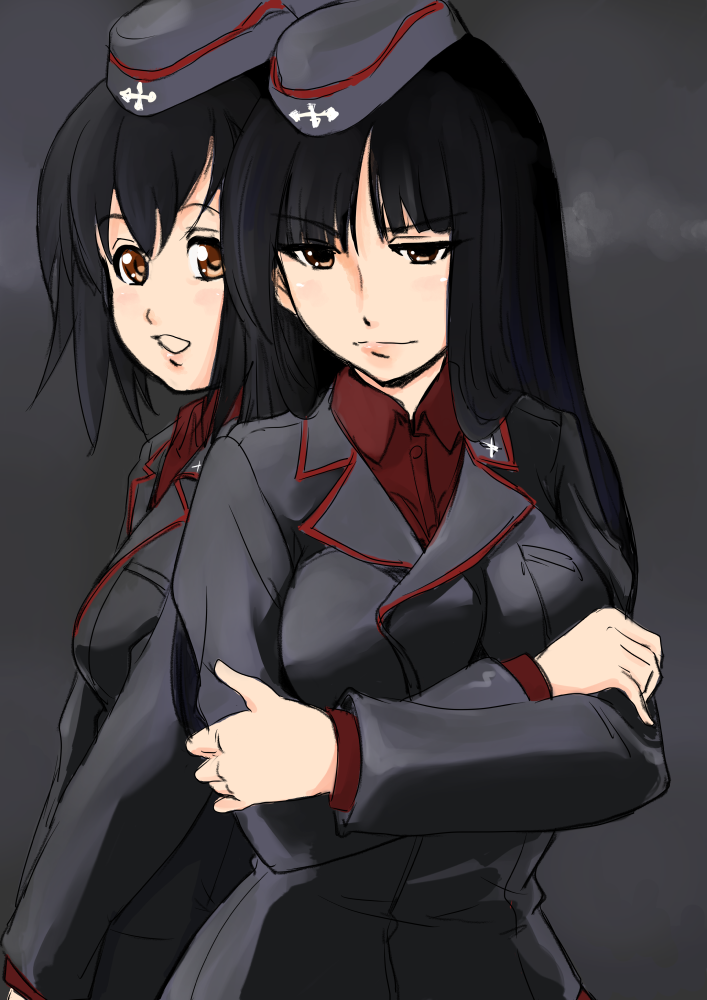 2girls, aged_down, black_jacket, garrison_cap, girls_und_panzer, hat, idegami_kikuyo, jacket, kuromorimine_military_uniform, makito_(1102214), multiple_girls, nishizumi_shiho