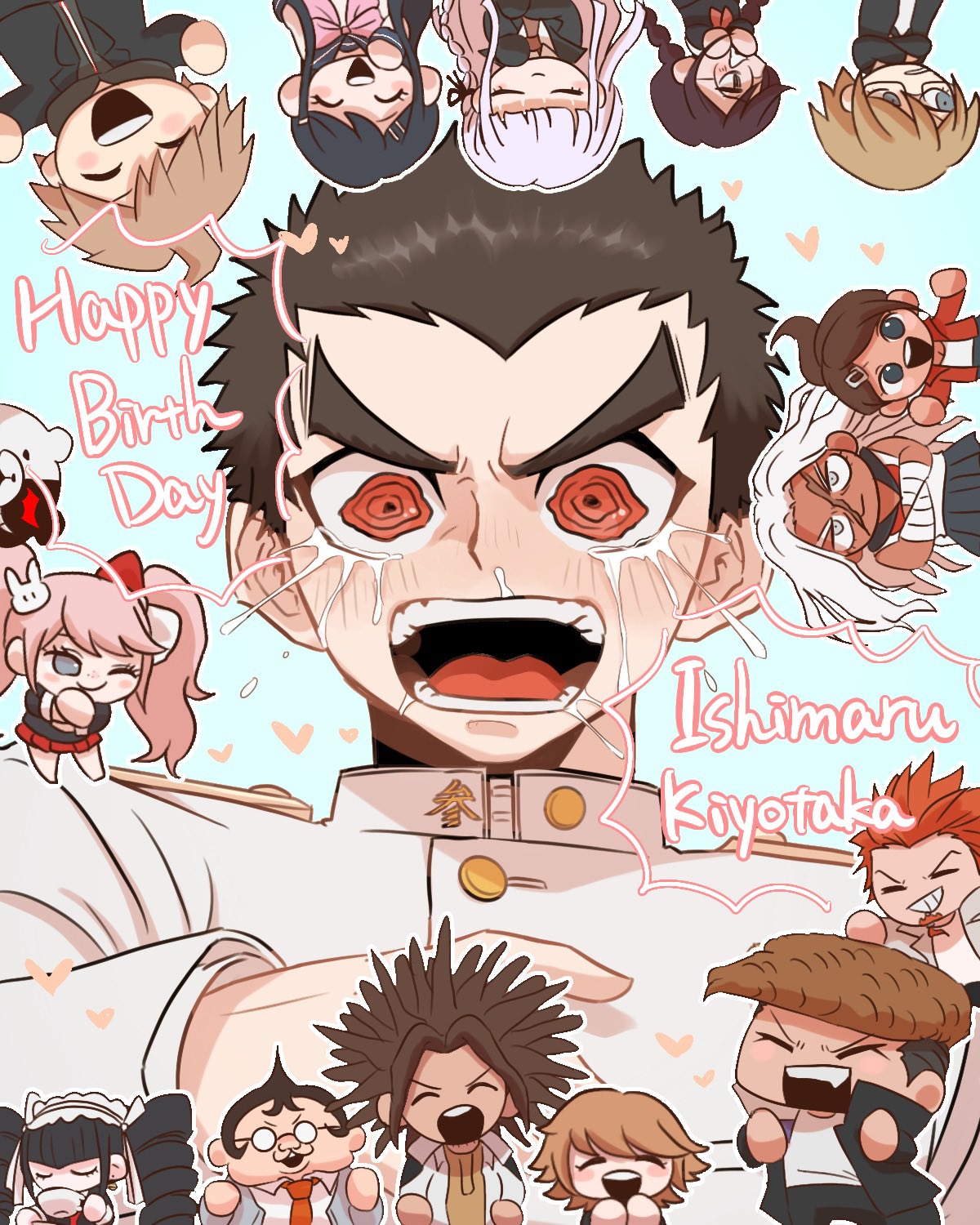 6+boys, 6+girls, :d, ahoge, asahina_aoi, black_hair, black_ribbon, blush