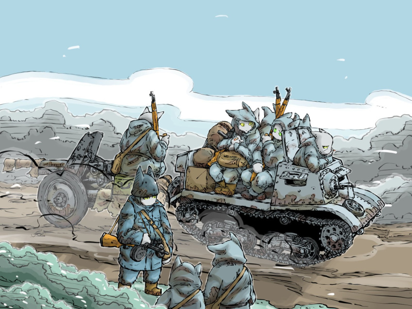 artillery, dirt_road, gun, helmet, highres, holding, holding_gun, holding_weapon