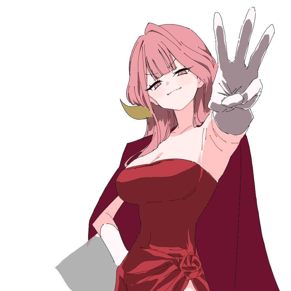 1girl, armpits, aru_(blue_archive), aru_(dress)_(blue_archive), blue_archive, breasts, demon_horns, dress, finger_counting, gloves, horns, large_breasts, long_hair, official_alternate_costume, ohajiki_0000, pink_eyes, pink_hair, red_dress, shadow, simple_background, smug, solo, white_background, white_gloves