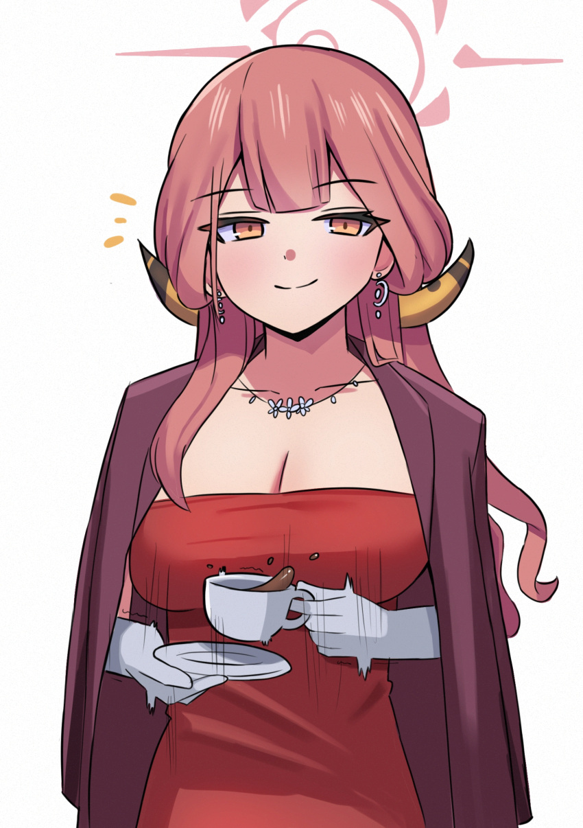 1girl, absurdres, aru_(blue_archive), aru_(dress)_(blue_archive), blue_archive, blue_eyes, breasts, coffee