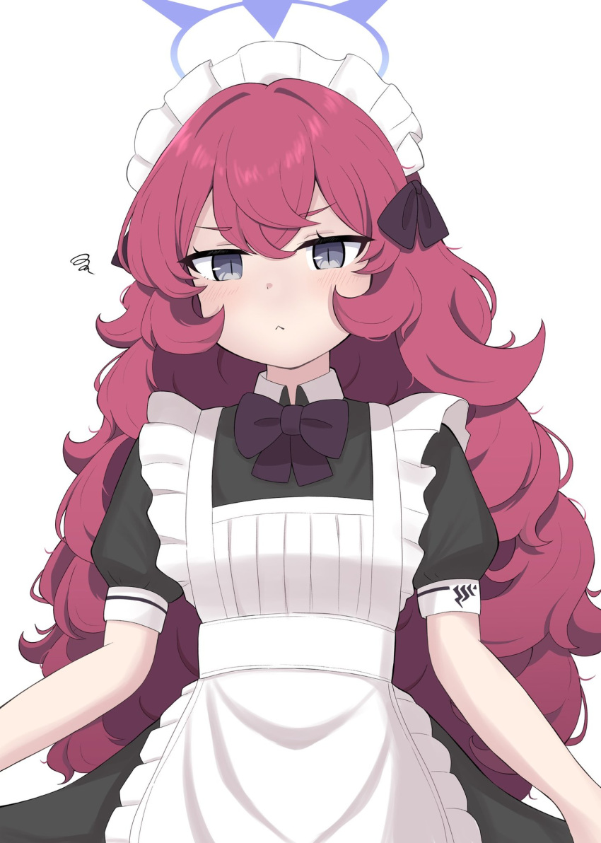 1girl, :v, alternate_costume, apron, black_ribbon, blue_archive, enmaided, fluffy_hair
