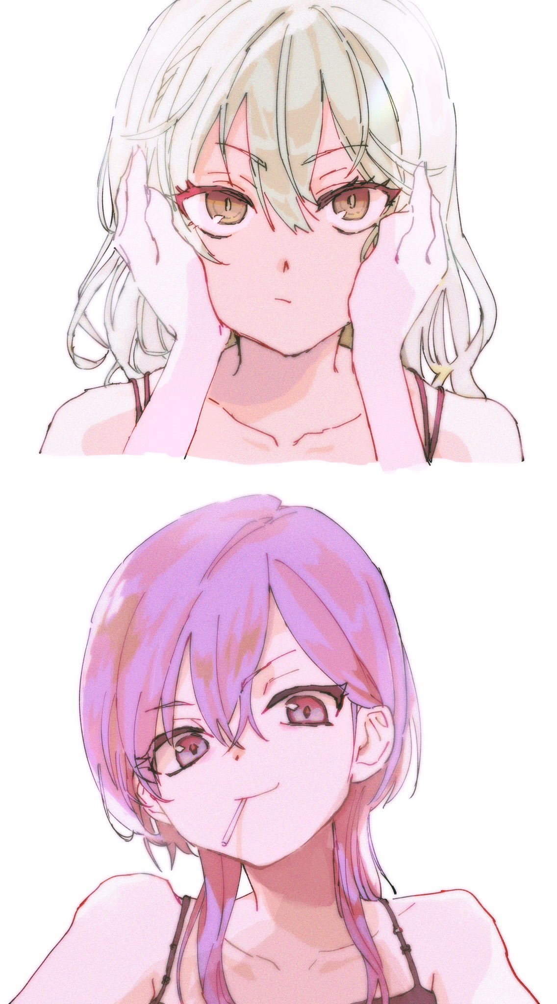 2girls, candy, collarbone, ebi_kin999, food, green_eyes, hands_on_another's_face, heaven_burns_red, highres, kurozawa_maki, lollipop, long_hair, matsuoka_chiroru, multiple_girls, pink_hair, red_eyes, yellow_eyes, yuri