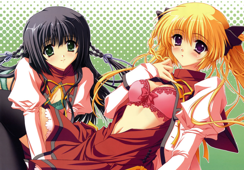 akiha_honoka, blonde_hair, blue_hair, blush, bra, highres, lingerie, navel, niukawakami_mizuha, nostradamus_ni_kiite_miro, panties, ribbon, smile, underwear