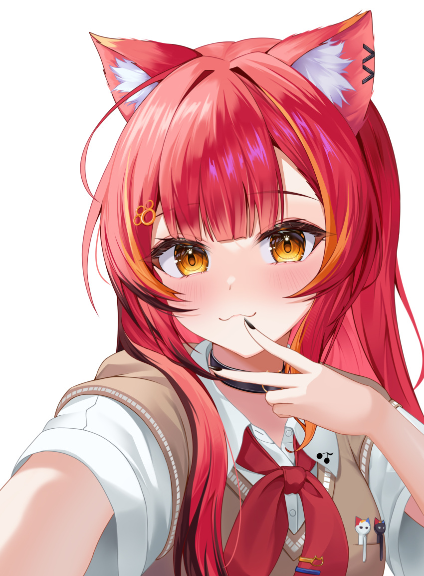 1girl, :3, absurdres, animal_ears, black_collar, black_hair, black_nails, breast_pocket