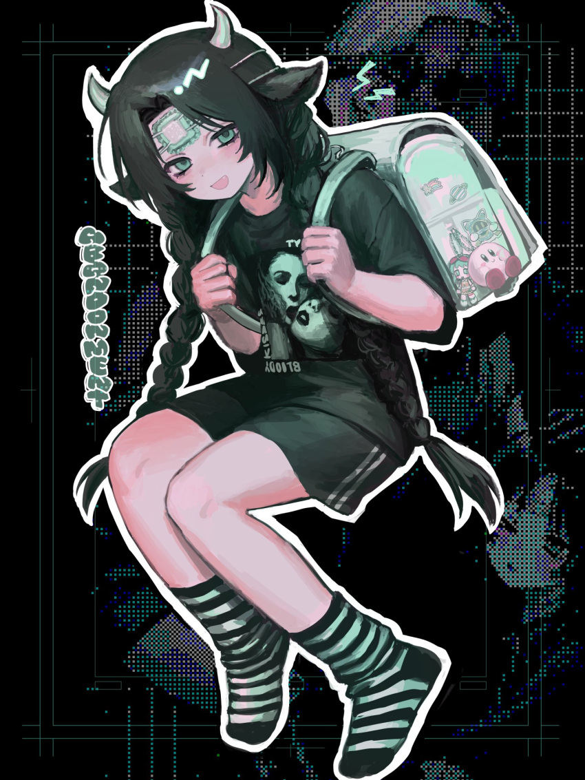 1girl, animal_ears, backpack, bag, bag_charm, black_background, black_hair, black_shirt