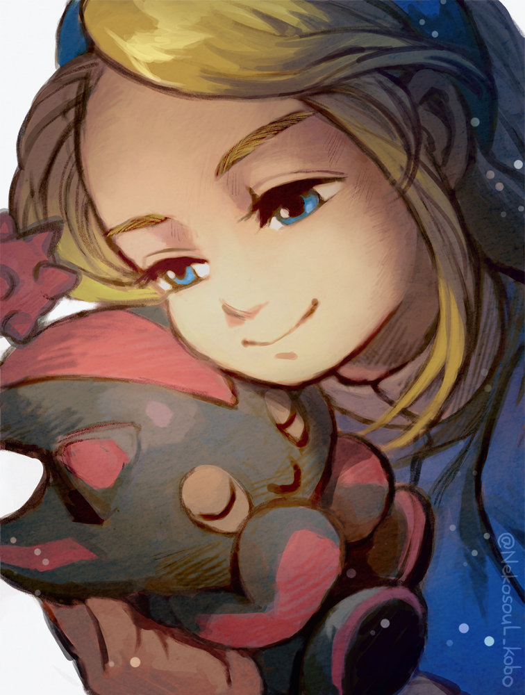 1girl, blonde_hair, blue_eyes, chao_(sonic), close-up, dark_chao, hair_ornament, holding