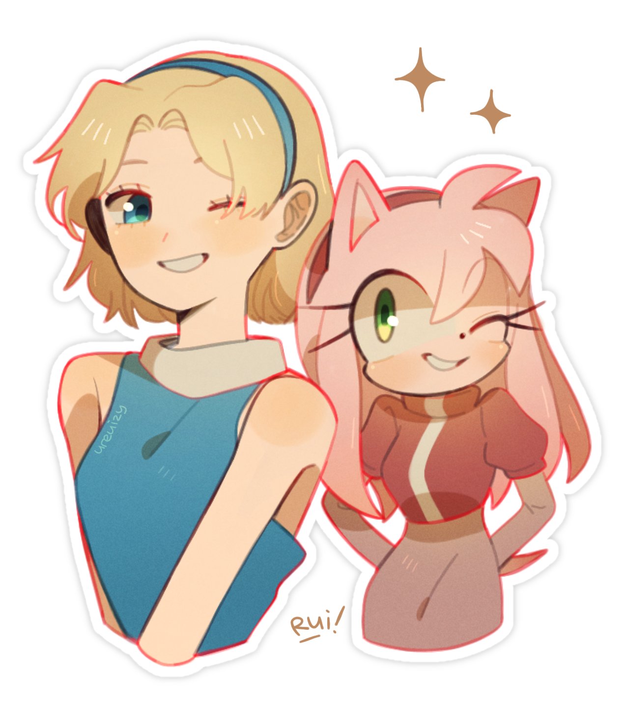 2girls, amy_rose, amy_rose_(cosplay), blonde_hair, blue_eyes, blush, cosplay, green_eyes