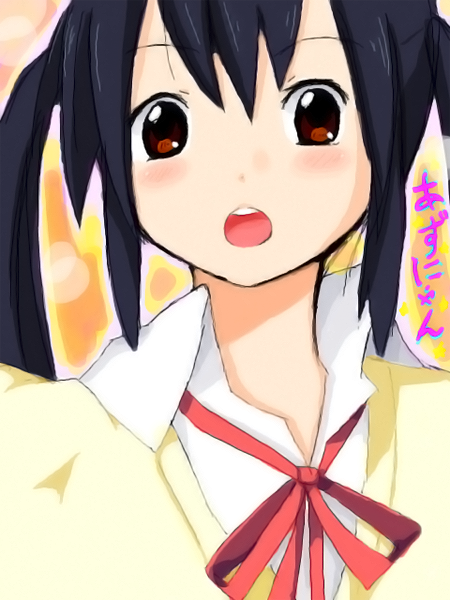 blue_hair, blush, brown_eyes, izumi_(q!), k-on!, nakano_azusa, open_mouth, ribbon