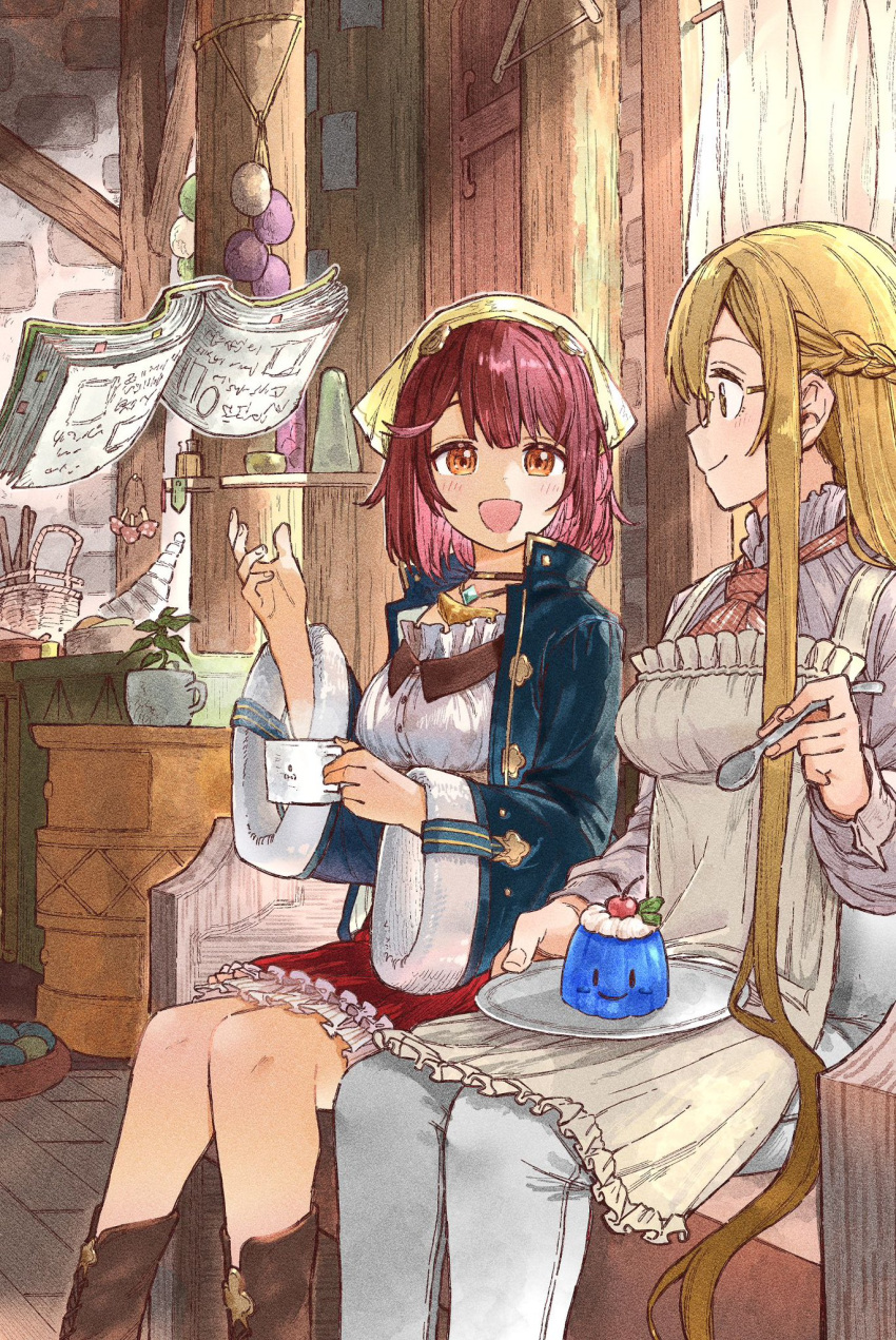 2girls, :d, apron, atelier_(series), atelier_sophie, basket, blonde_hair, blue_coat