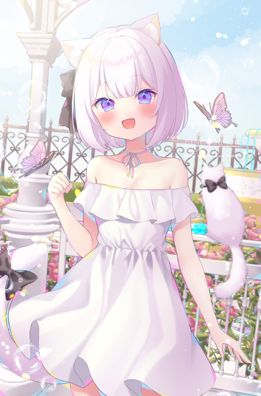 1girl, :d, absurdres, amamiya_tenka, animal_ears, blue_eyes, bow, breasts