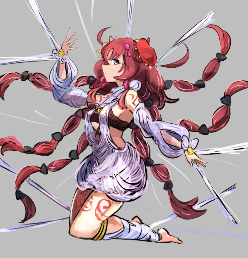 1girl, ahoge, barefoot, breasts, detached_sleeves, duel_monster, from_side, full_body, grey_background, hatano_kiyoshi, medium_breasts, overalls, redhead, silk, solo, spider_web, traptrix, traptrix_atypus, violet_eyes, yu-gi-oh!