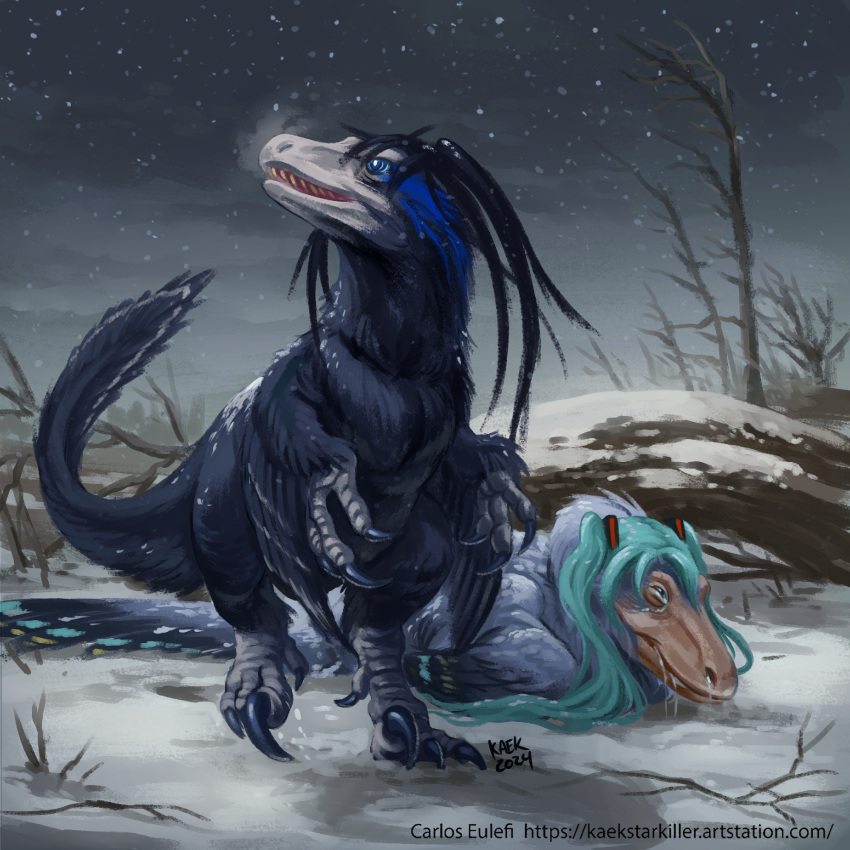 animalization, black_hair, black_rock_shooter, black_rock_shooter_(character), blue_hair, breath, dinosaur, english_commentary, full_body, hatsune_miku, highres, kaek_art, long_hair, no_humans, outdoors, raptor, snow, snowing, twintails, vocaloid