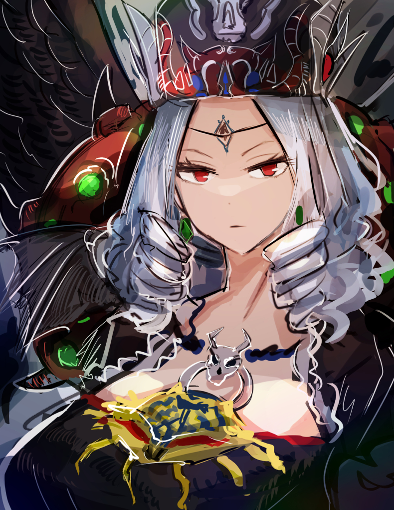 1girl, black_dress, black_wings, breasts, chaos_goddess, crown, dress, duel_monster
