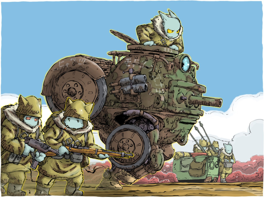 6+boys, anti-aircraft_gun, blue_sky, bolt_action, cannon, day, dieselpunk, furry