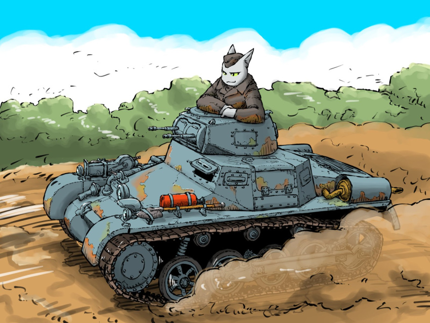 1boy, blue_sky, day, dust_cloud, exhaust_pipe, fire_extinguisher, furry, gun