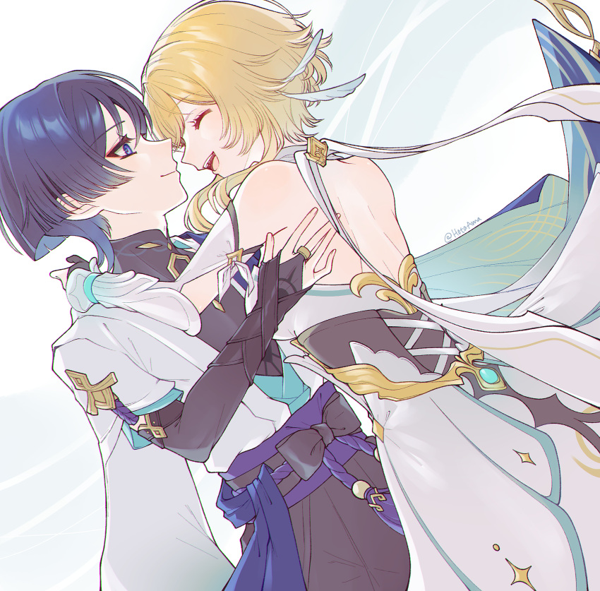 1boy, 1girl, amano_hotaru_(hotaama), aqua_hair, aqua_sleeves, arm_around_neck, arm_cutout, armor, back, belt, black_belt, black_bodysuit, black_bow, black_corset, black_eyes, black_hair, black_shorts, blonde_hair, blue_cape, blue_trim, blunt_ends, bodysuit, bow, bridal_gauntlets, cape, corset, couple, detached_sleeves, dress, eyeliner, eyeshadow, feather_hair_ornament, feathers, genshin_impact, gold_ring, hair_ornament, hand_on_another's_back, hand_on_another's_shoulder, hetero, highres, hug, japanese_armor, japanese_clothes, kimono, knot, kote, kurokote, layered_clothes, layered_kimono, layered_sleeves, looking_at_another, lumine_(genshin_impact), makeup, mandarin_collar, middle_ring, multicolored_hair, open_clothes, open_hand, open_kimono, open_mouth, purple_rope, purple_sash, red_eyeliner, red_eyeshadow, rope, sash, scaramouche_(genshin_impact), scarf, short_hair_with_long_locks, short_sleeves, shorts, shoulder_blades, sidelocks, single_vambrace, smile, sparkle_print, teeth, tongue, twitter_username, two-tone_hair, upper_teeth_only, vambraces, wanderer_(genshin_impact), white_background, white_dress, white_kimono, white_scarf, white_sleeves