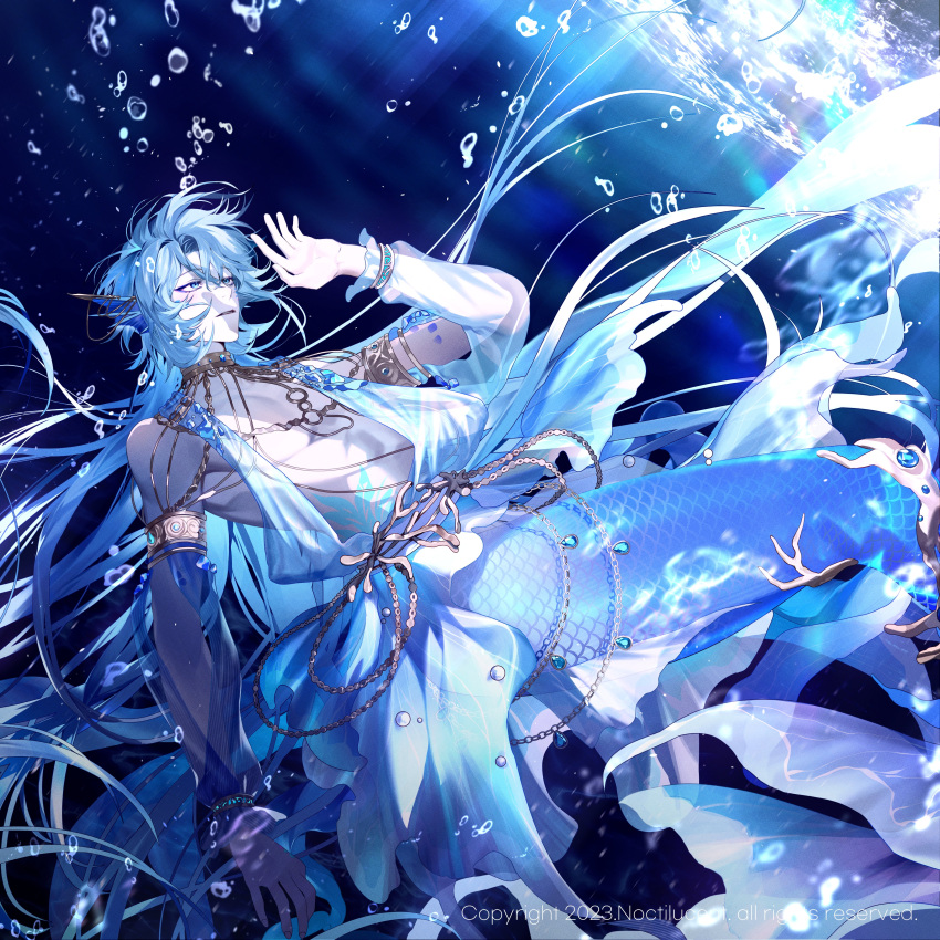 1boy, absurdres, air_bubble, armlet, belt_chain, blue_eyes, blue_gemstone, blue_hair