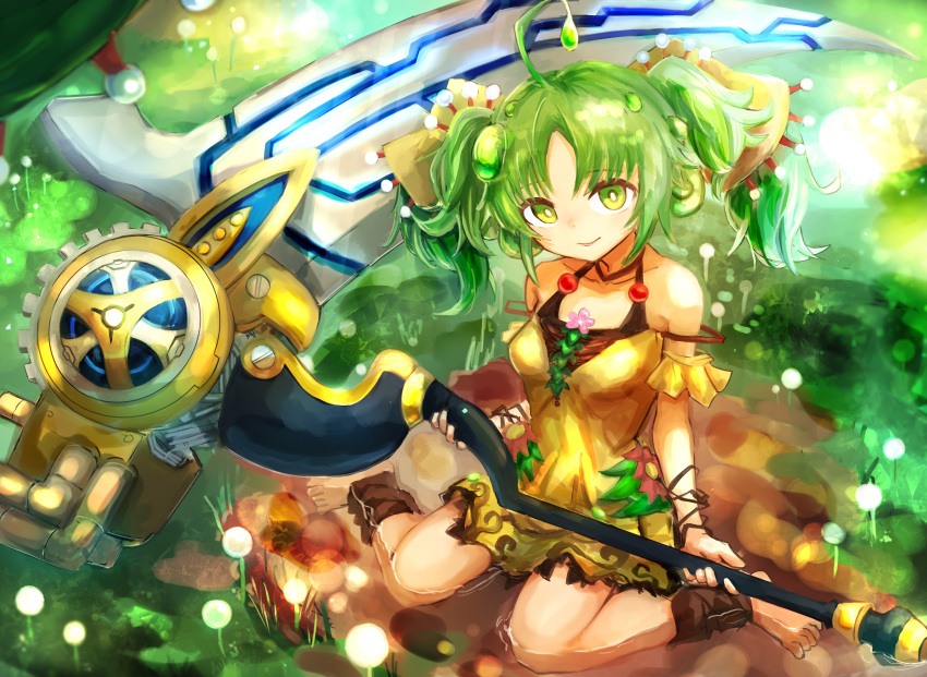 1girl, artifact_scythe, breasts, commission, dress, duel_monster, grass, green_dress, green_eyes, green_hair, hatano_kiyoshi, highres, holding, holding_scythe, looking_at_viewer, on_floor, parted_bangs, scythe, sitting, small_breasts, smile, solo, traptrix, traptrix_sera, yu-gi-oh!