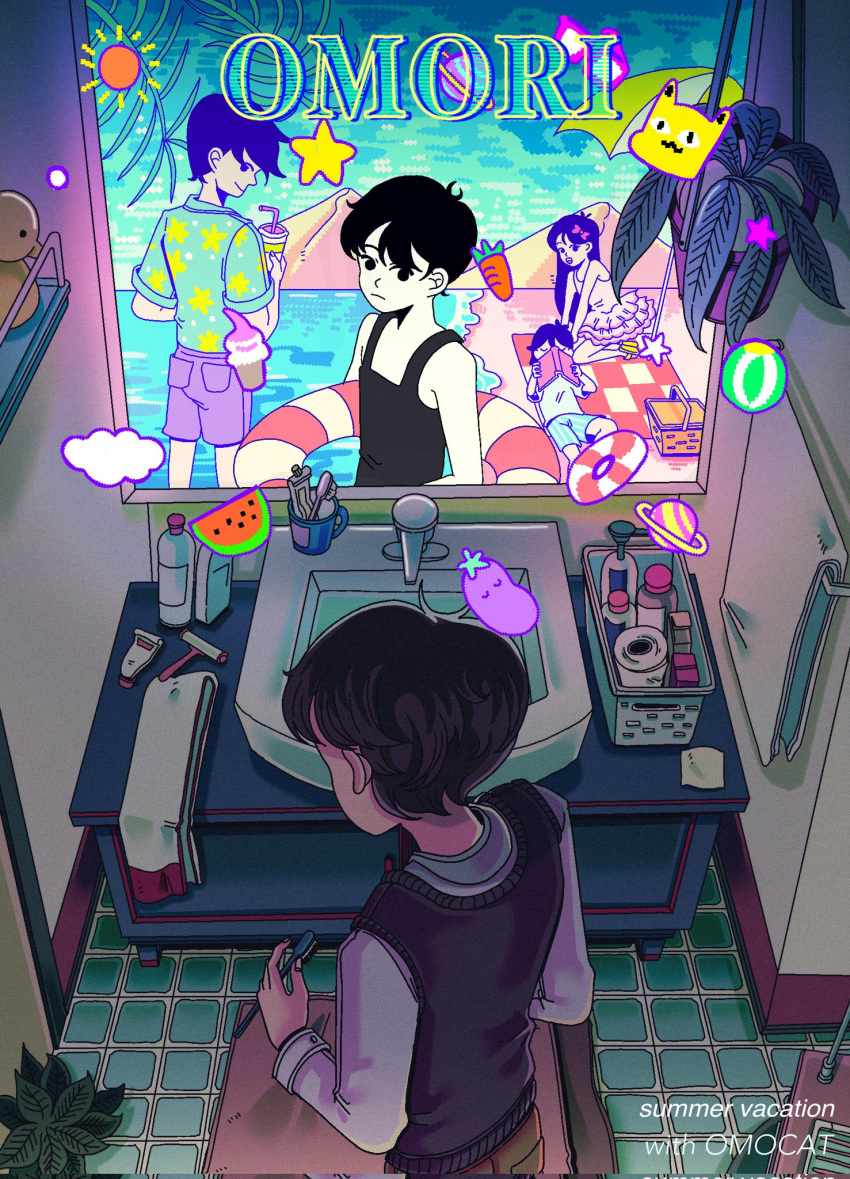 1girl, 4boys, alternate_costume, alternate_sleeve_length, aubrey_(headspace)_(omori), aubrey_(omori), bathroom, big_yellow_cat_(omori)