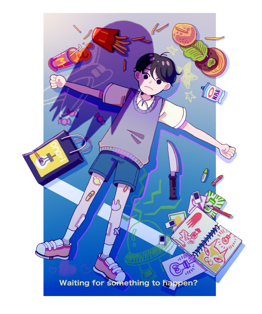 1boy, alternate_costume, big_yellow_cat_(omori), black_eyes, black_hair, closed_mouth, collared_shirt, crayon