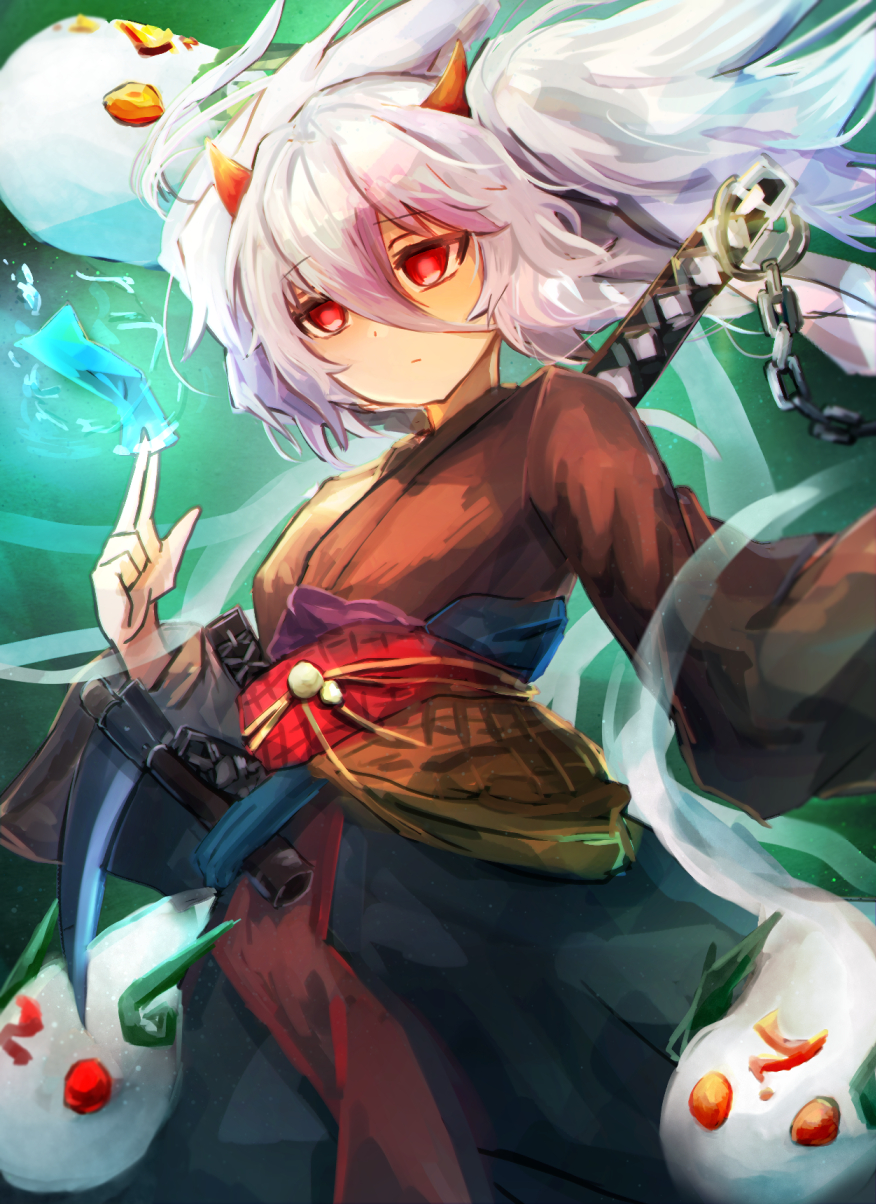 1girl, brown_kimono, demon_horns, duel_monster, expressionless, ghost, ghost_ogre_&amp;_snow_rabbit, grey_hair