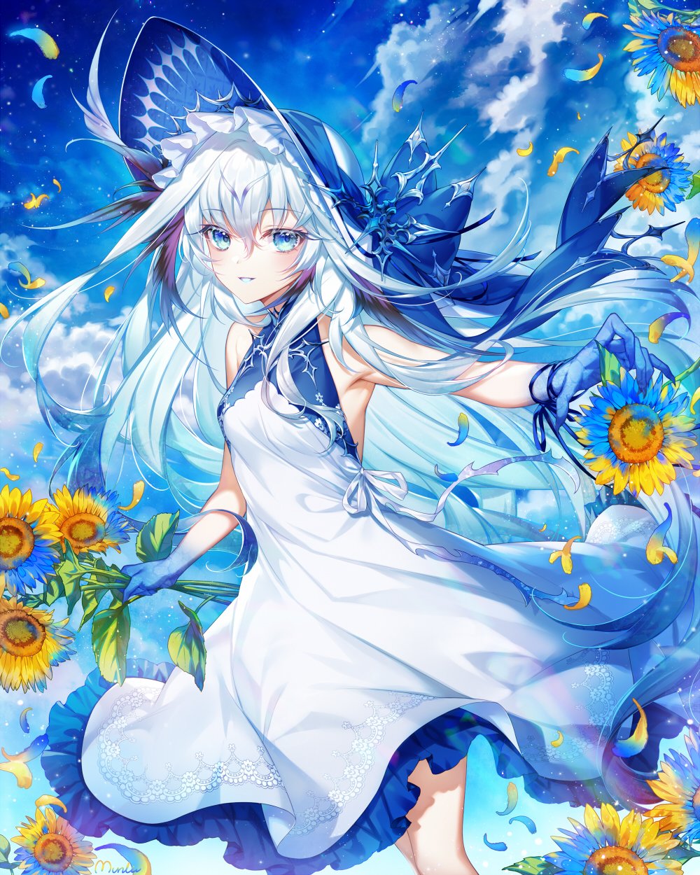 1girl, blue_eyes, blue_hair, blue_ribbon, blue_sky, commission, dress, falling_petals