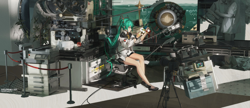 1girl, 3boys, 3d_background, absurdres, aqua_hair, bass_clef, beamed_sixteenth_notes, black_footwear