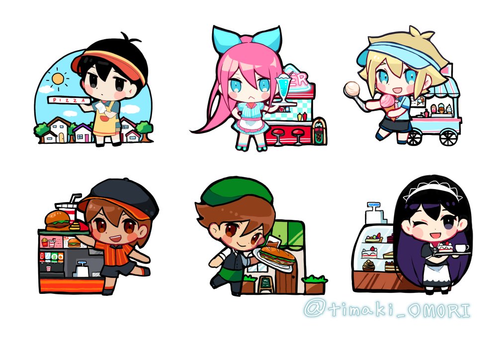 2girls, 4boys, :<, alternate_costume, alternate_hairstyle, apron, artist_name, aubrey_(faraway)_(omori)