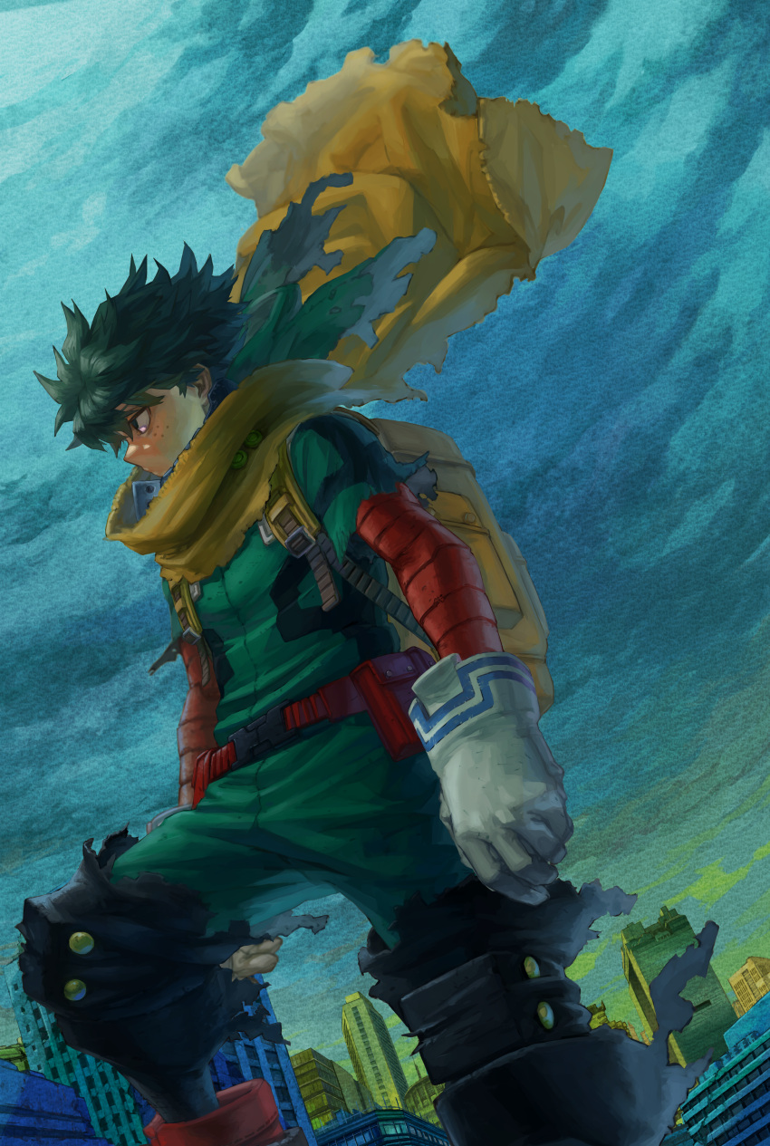 1boy, absurdres, arms_at_sides, backpack, bag, belt, belt_pouch, blue_clouds