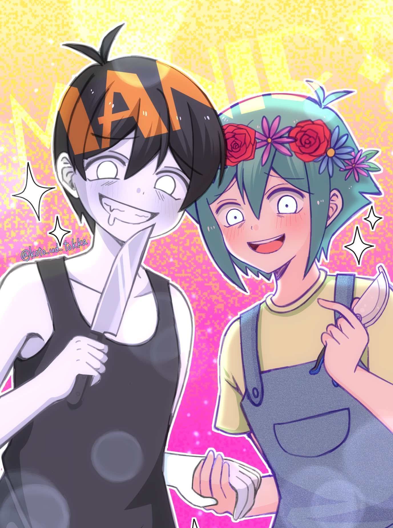 2boys, basil_(headspace)_(omori), basil_(omori), black_hair, black_tank_top, blue_overalls, collarbone, colored_skin