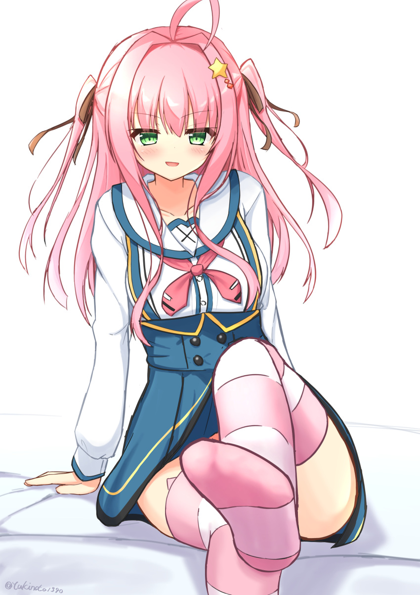 1girl, :d, absurdres, ahoge, arms_at_sides, blue_skirt, blush, brown_ribbon