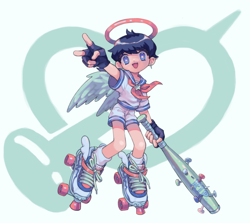1girl, baseball_bat, black_gloves, black_hair, blue_eyes, blue_sailor_collar, dot_nose, ear_piercing, fingerless_gloves, full_body, gloves, haka-baka, halo, highres, holding, holding_baseball_bat, neckerchief, open_mouth, original, piercing, red_neckerchief, roller_skates, sailor_collar, shirt, short_sleeves, shorts, skates, solo, spiked_bat, star-shaped_pupils, star_(symbol), symbol-shaped_pupils, v, white_shirt, white_shorts, wings
