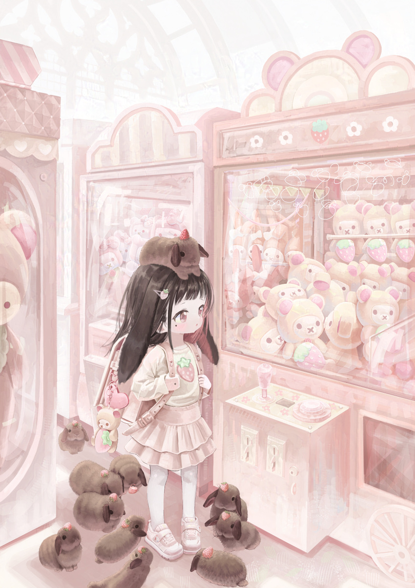 1girl, :o, :x, absurdres, animal, animal_ears, animal_on_head, backpack, bag, black_hair, blush, brown_eyes, claw_mark, commentary_request, doubutsunoujyou, floppy_ears, food, food-themed_hair_ornament, food_print, fruit, hair_ornament, hairclip, highres, layered_skirt, long_sleeves, mole, mole_under_eye, on_head, original, pantyhose, parted_lips, pigeon-toed, pink_footwear, pink_skirt, pleated_skirt, print_shirt, rabbit, rabbit_ears, randoseru, shirt, shoes, skirt, sleeves_past_wrists, solo, standing, strawberry, strawberry_hair_ornament, strawberry_print, stuffed_animal, stuffed_toy, teddy_bear, white_pantyhose, white_shirt