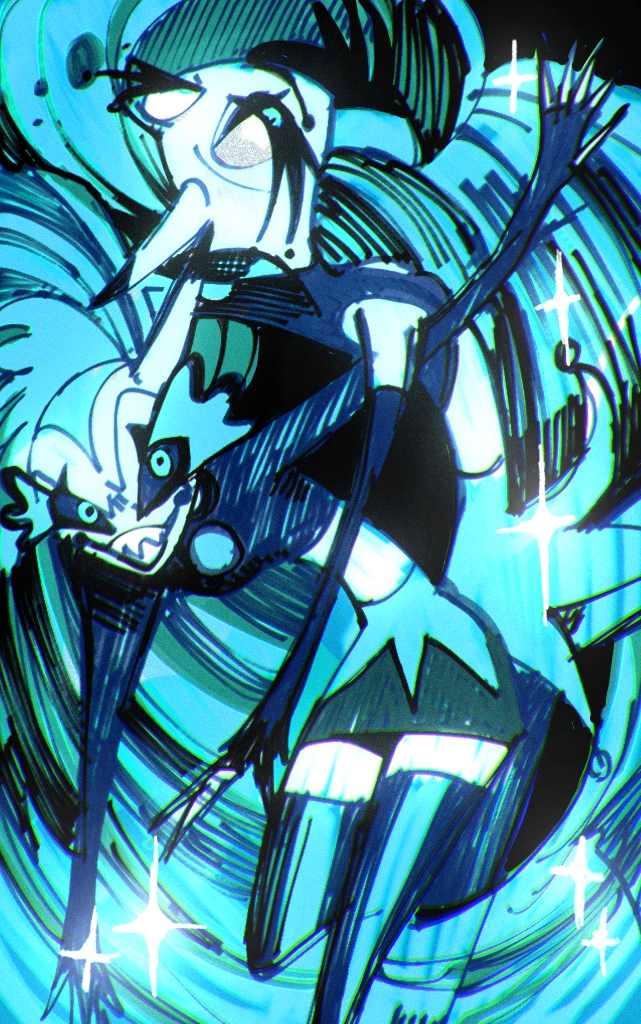 2girls, aqua_eyes, aqua_hair, demon_girl, demon_horns, evil_grin, evil_smile, glam_(helluva_boss), glitz_(helluva_boss), grin, helluva_boss, horns, looking_at_viewer, multiple_girls, pale_skin, ponytail, sharp_teeth, skirt, smile, teeth, thigh-highs, vxtu7432