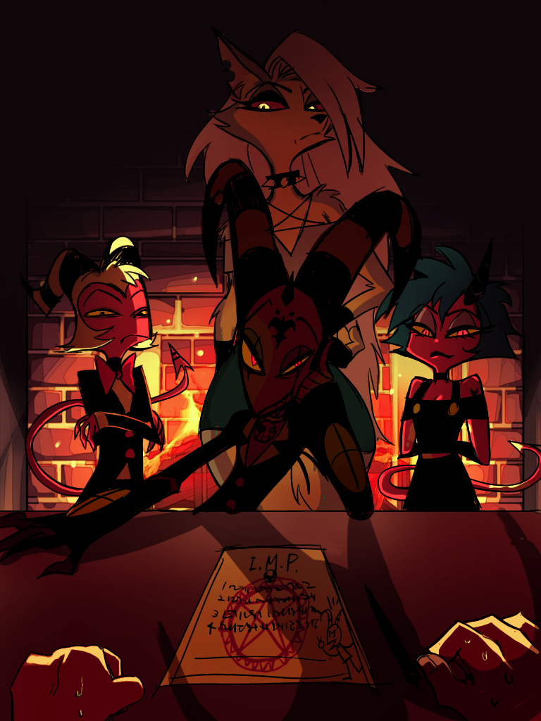2girls, 3boys, black_hair, blitzo_(helluva_boss), chimney, colored_skin, demon_boy, demon_girl, demon_horns, demon_tail, dog_girl, fire, furry, furry_female, glowing, glowing_eyes, helluva_boss, horns, looking_at_viewer, loona_(helluva_boss), make_a_contract, millie_(helluva_boss), moxxie_(helluva_boss), multiple_boys, multiple_girls, red_skin, sitting, tail, vxtu7432, white_hair, yellow_eyes