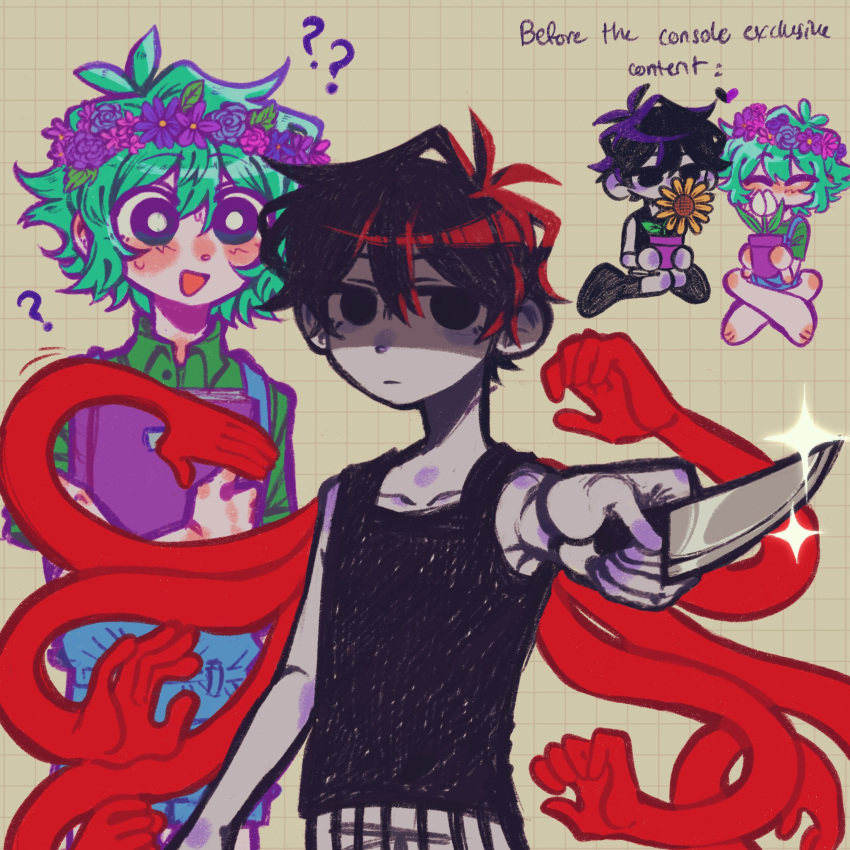 2boys, ?, ??, basil_(headspace)_(omori), basil_(omori), black_eyes, black_hair, black_socks