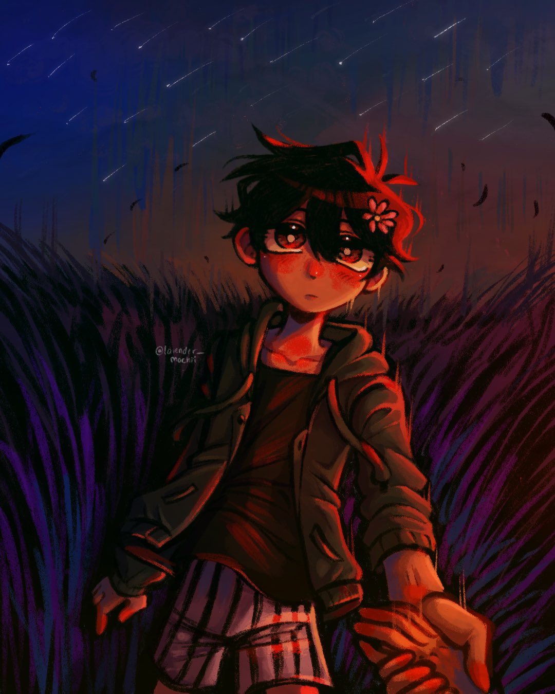 2boys, alternate_costume, basil_(faraway)_(omori), basil_(omori), black_eyes, black_hair, blush, closed_mouth