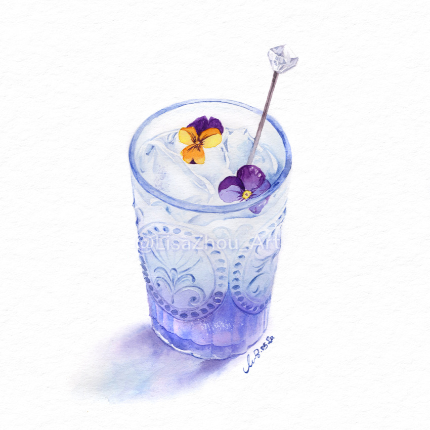 blue_theme, commentary_request, cup, drink, flower, food, food_focus, glass, ice, ice_cube, lisazhou_art, no_humans, original, painting_(medium), purple_flower, shadow, signature, simple_background, traditional_media, two-tone_flower, water, watercolor_(medium), white_background, yellow_flower