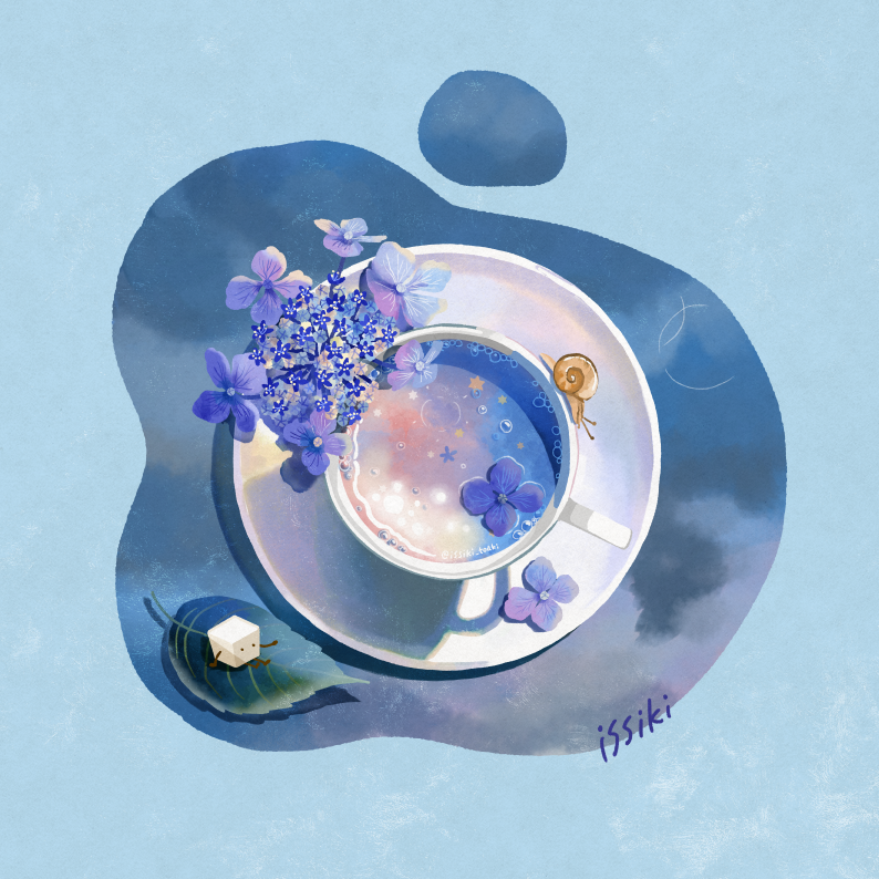 artist_name, blue_background, blue_theme, bubble, cup, drink, flower, food_focus