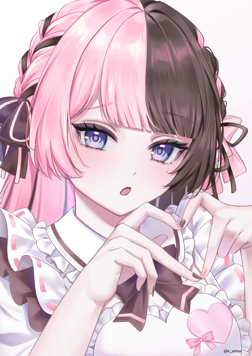 1girl, absurdres, aimaimei, black_nails, blue_eyes, blunt_bangs, brown_hair, hands_up, heart, heart_hands, highres, long_hair, multicolored_hair, nail_polish, pink_hair, pink_nails, shirt, solo, split-color_hair, tachibana_hinano_(vtuber), upper_body, vspo!, white_shirt