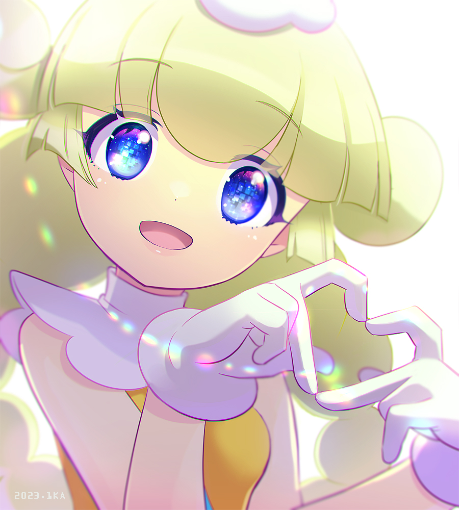 1girl, 4-finger_heart_hands, artist_name, blonde_hair, bloom, blue_eyes, breasts, burippoi