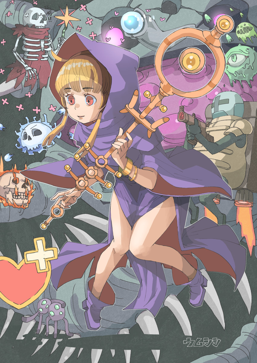 1girl, ahoge, blonde_hair, boots, bracelet, cape, capelet, gold_bracelet, heart, highres, holding, holding_wand, holding_weapon, hood, hood_up, hooded_capelet, jetpack, jewelry, kranuhiisi_(noita), mina_(noita), noita, parantajahiisi_(noita), purple_footwear, purple_robe, red_cape, red_eyes, robe, short_hair_with_long_locks, sidelocks, skeleton, skull, smile, stevari_(noita), ukko_(noita), umsisi, wand, weapon