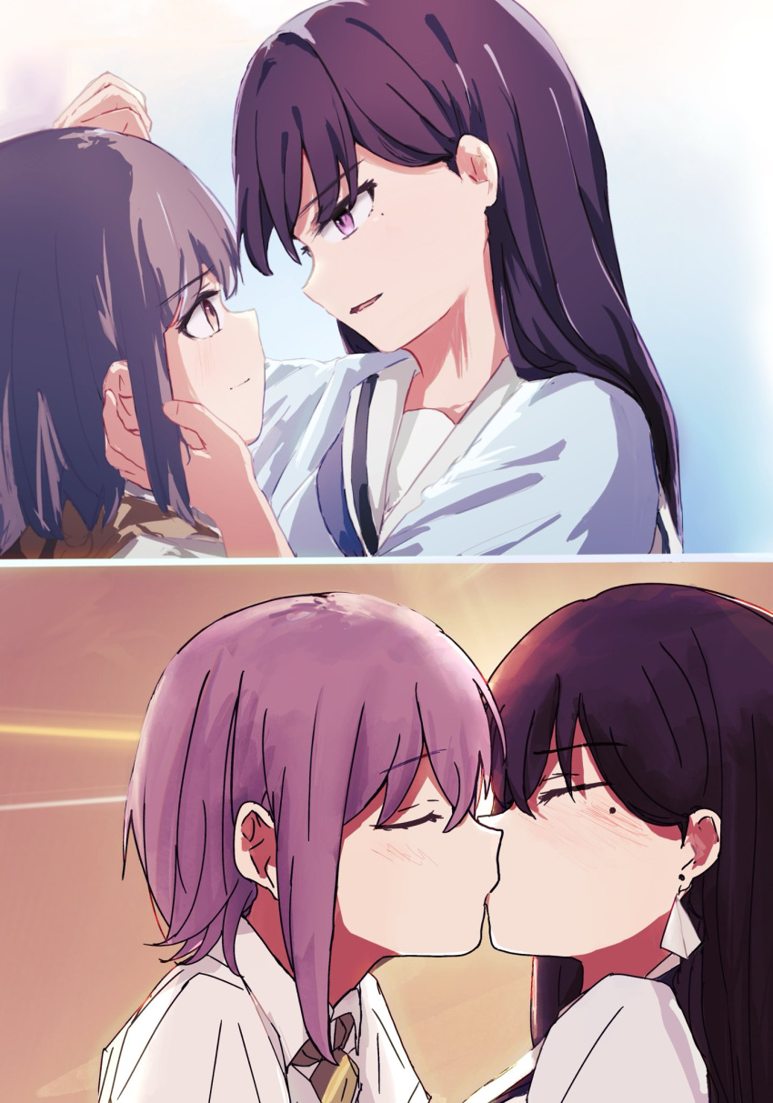 2girls, bang_dream!, bang_dream!_it's_mygo!!!!!, blush, brown_hair, chinese_commentary, closed_eyes, closed_mouth