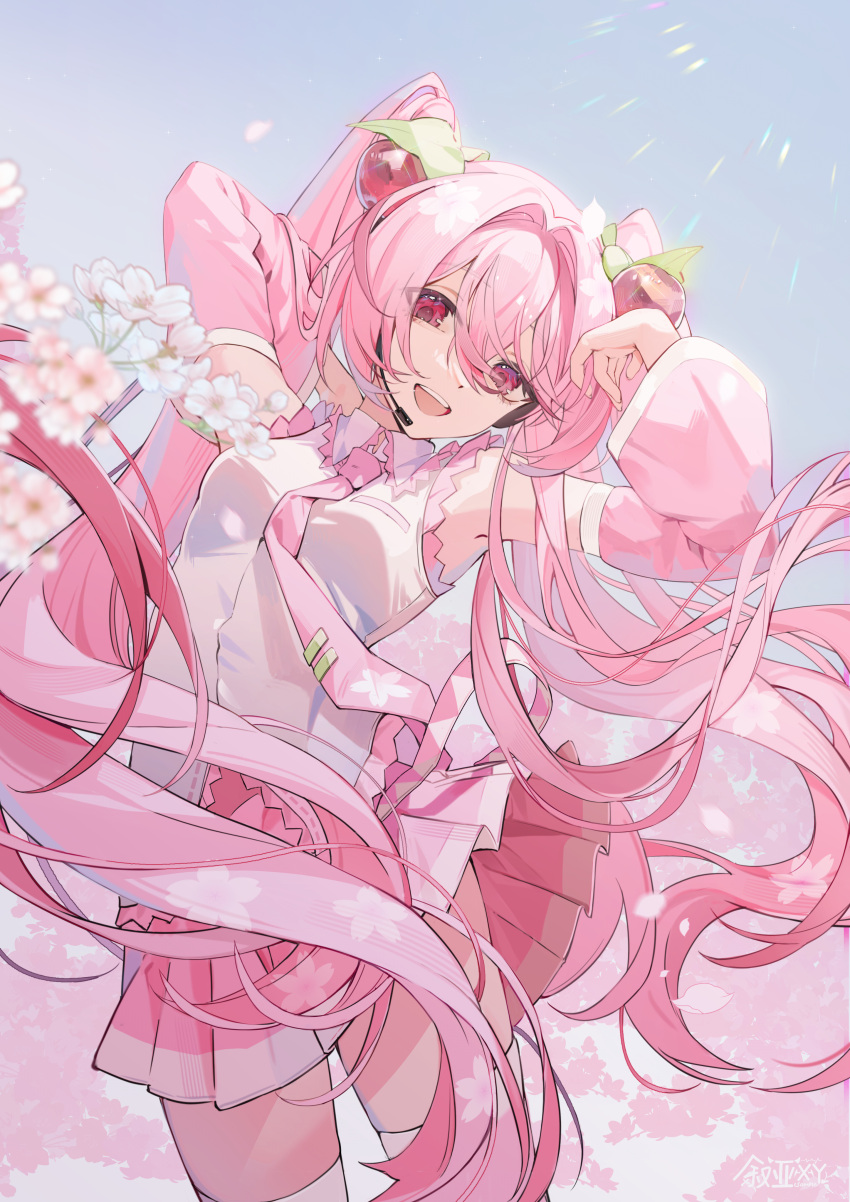 1girl, absurdres, arms_up, blue_sky, breasts, cherry_blossoms, cherry_hair_ornament, collared_shirt