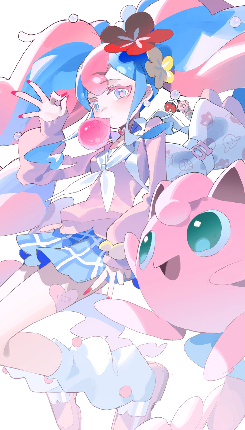 1girl, absurdres, aqua_eyes, blue_skirt, blush, bull_sprite_(pokemon), cardigan, chewing_gum