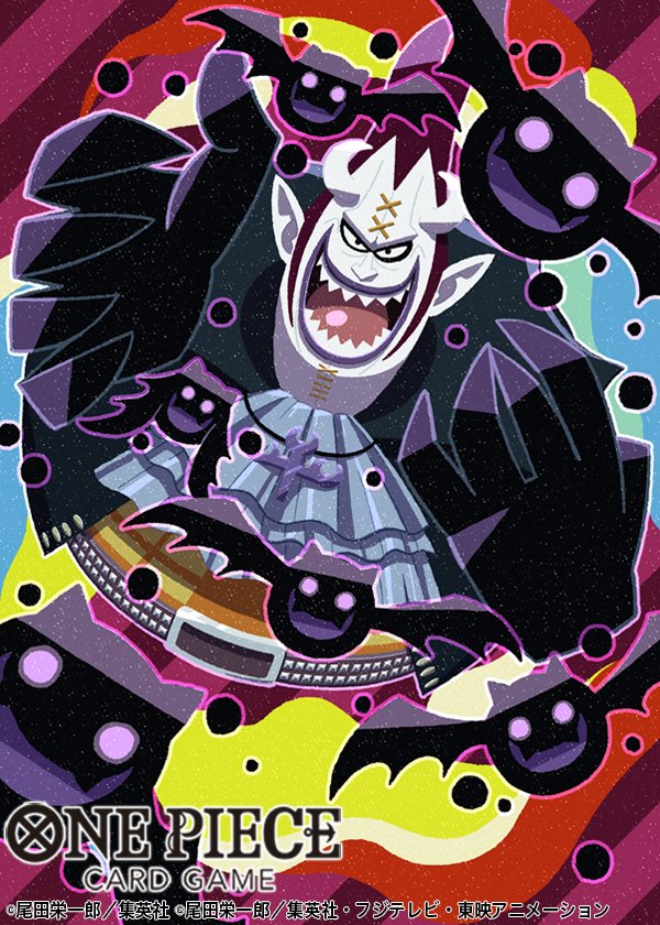1boy, arms_up, ascot, bananajerky, bat_(animal), belt, black_coat, coat, commentary_request, copyright_name, from_above, gecko_moria, gloves, horns, looking_at_viewer, male_focus, official_art, one_piece, one_piece_card_game, open_mouth, purple_hair, sharp_teeth, smile, solo, teeth