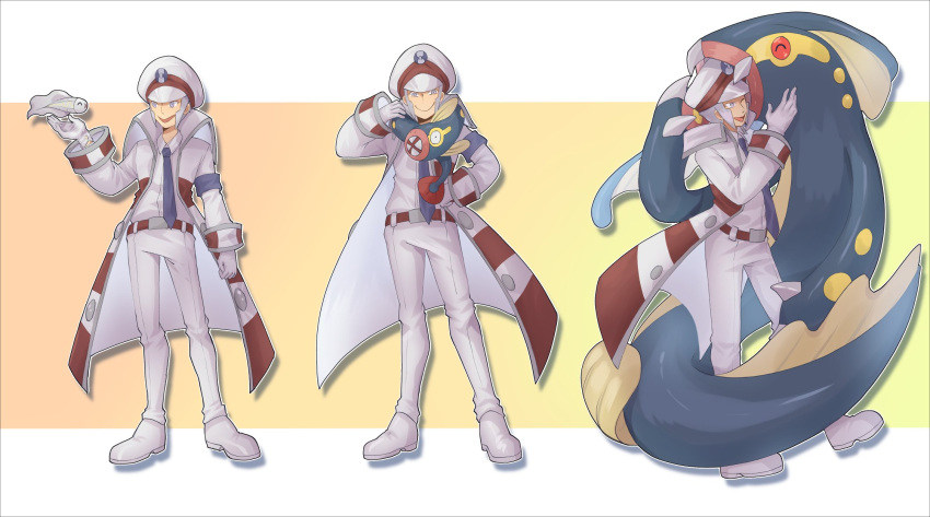 1boy, animal_around_neck, armband, belt, blue_armband, blue_necktie, claws, coat, collared_shirt, eel, eelektrik, eelektross, emmet_(pokemon), fangs, fins, fish, fish_tail, gradient_background, grey_eyes, grey_hair, hand_on_own_hip, hand_up, hat, head_fins, highres, kanako_suddenly, lamprey, male_focus, necktie, open_mouth, pokemon, pokemon_(creature), pokemon_bw, red_eyes, shirt, short_hair, sideburns, smile, tail, tynamo, white_coat, white_footwear, white_hat, white_shirt